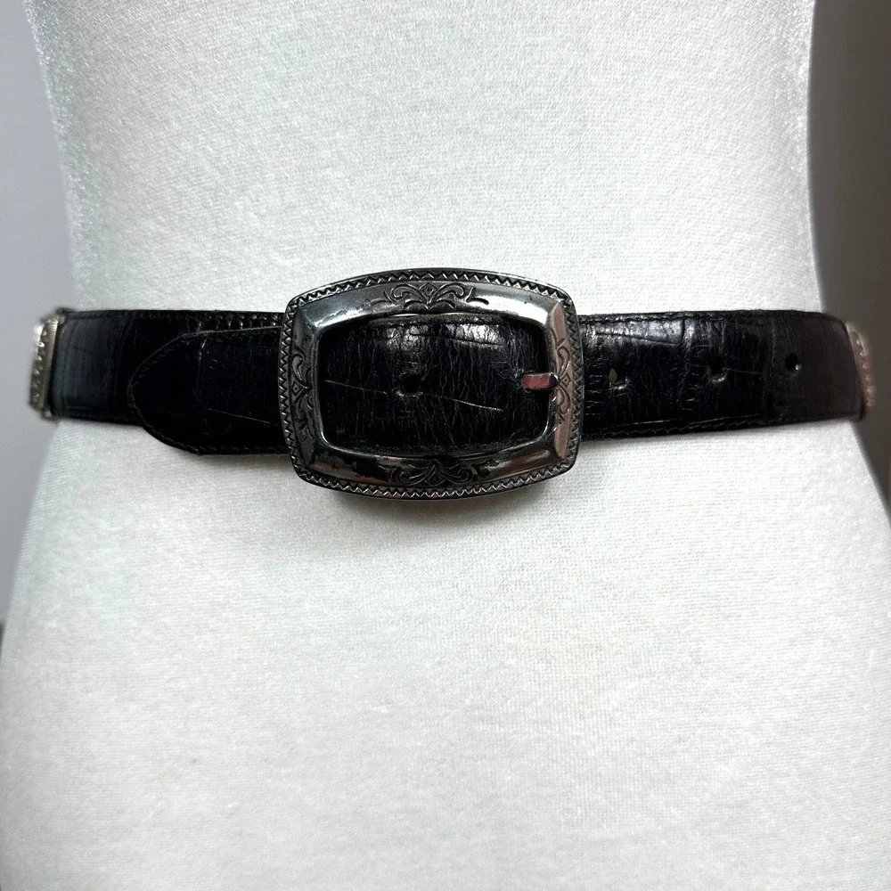 VTG Brighton Belt‎ Womens Small Black Brown Croc Embossed Leather Silver Buckle